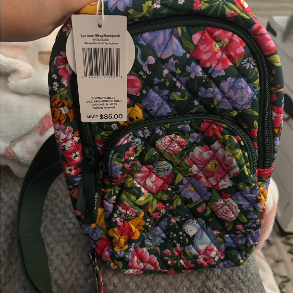 Vera Bradley Winnie the Pooh-Floral Sling Backpack with Green Trim